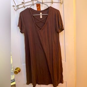 Maroon lightweight t-shirt dress for spring or summer, X strap design